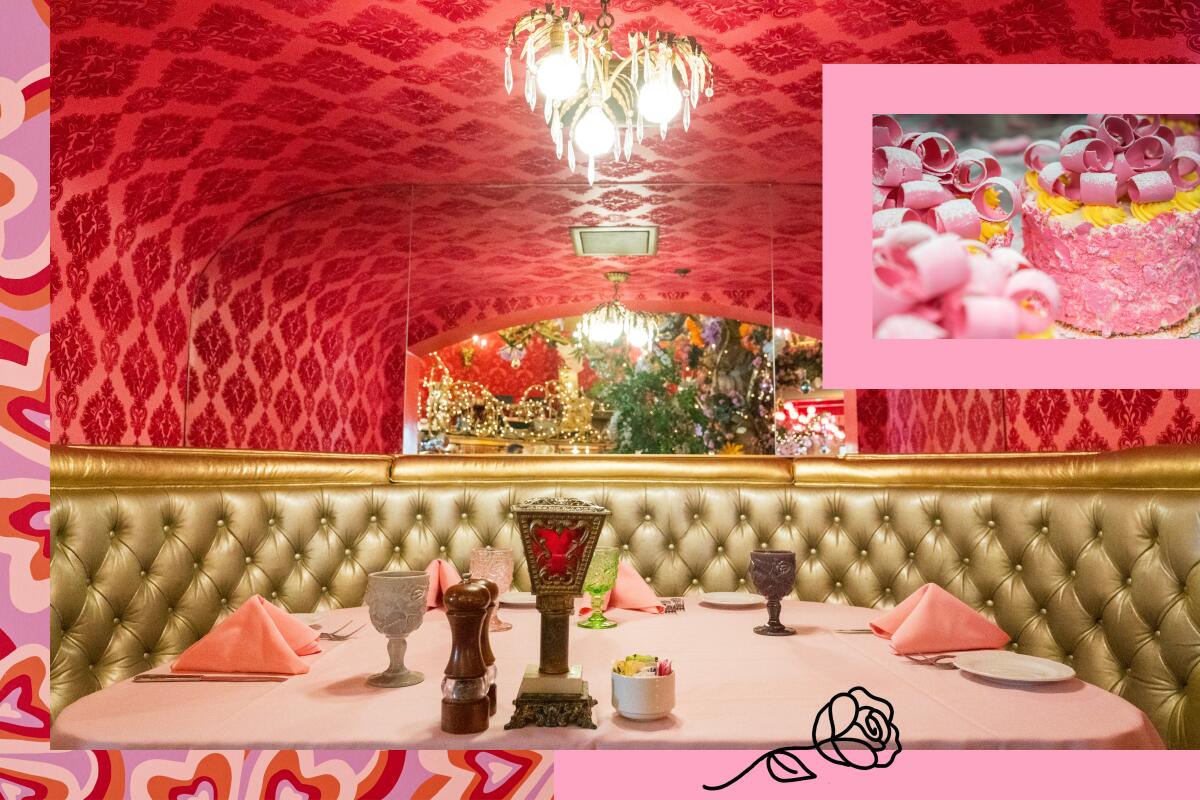 The Madonna Inn dining room full of people, decorated in florals and other decor in pinks, reds, and golds