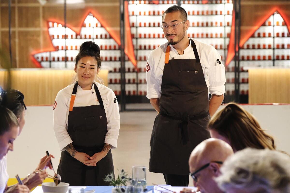 TOP CHEF: "Best Served Cold" Episode 2203. Pictured: (l-r) Natalie Spooner, Katianna Hong, Cesar Murillo, Tom Colicchio
