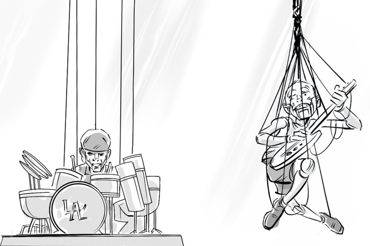 A sketch of a drummer behind a drum kit and a puppet bass player, his strings twisted, up in the air.