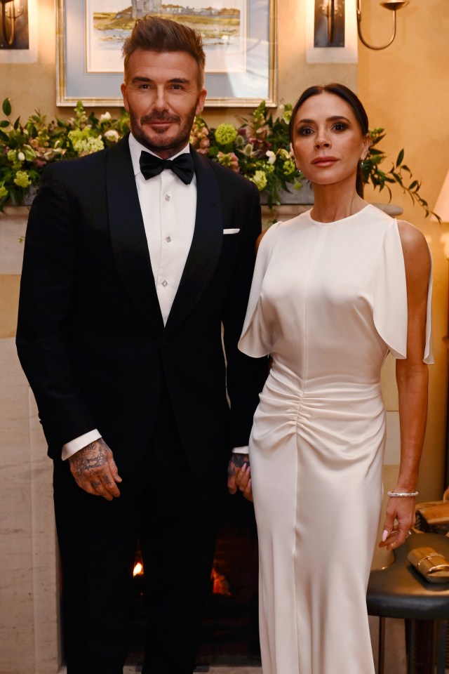 David and Victoria Beckham at a dinner in Tetbury, England.