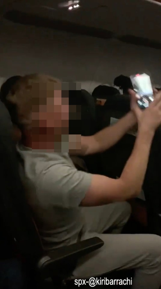 A partially obscured image of a passenger on an airplane.