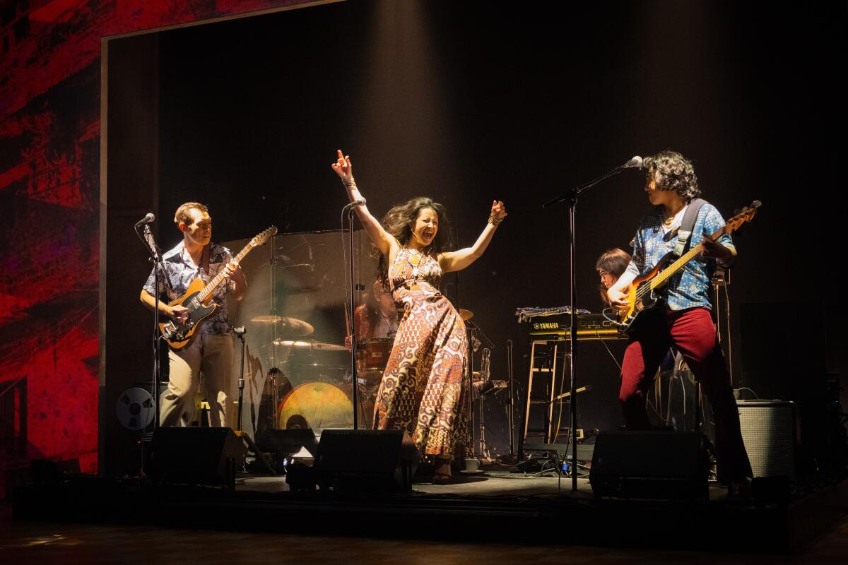 Joe Ngo, Abraham Kim, Kelsey Angel Baehrens, Jane Lui and Tim Liu in "Cambodian Rock Band" at East West Players.