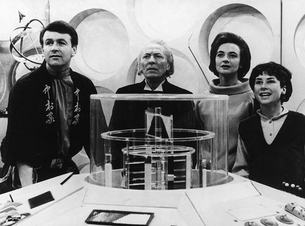 Carol Ann Ford (far right) inside the tardis