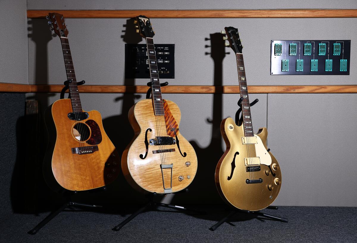 Three guitars inside the Les Paul Recording Studio in Hollywood