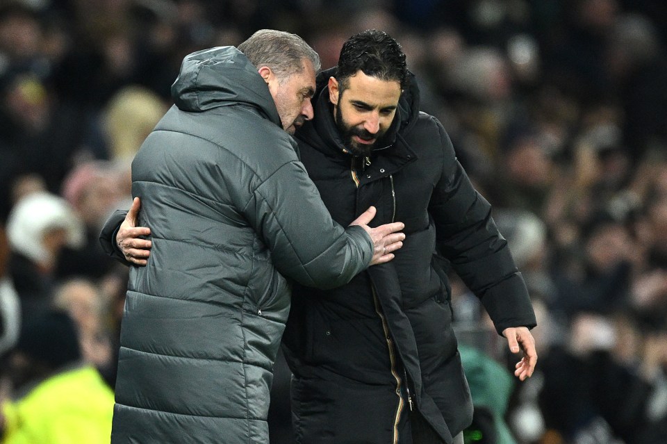 Tottenham Hotspur manager Ange Postecoglou embracing another manager after a match.