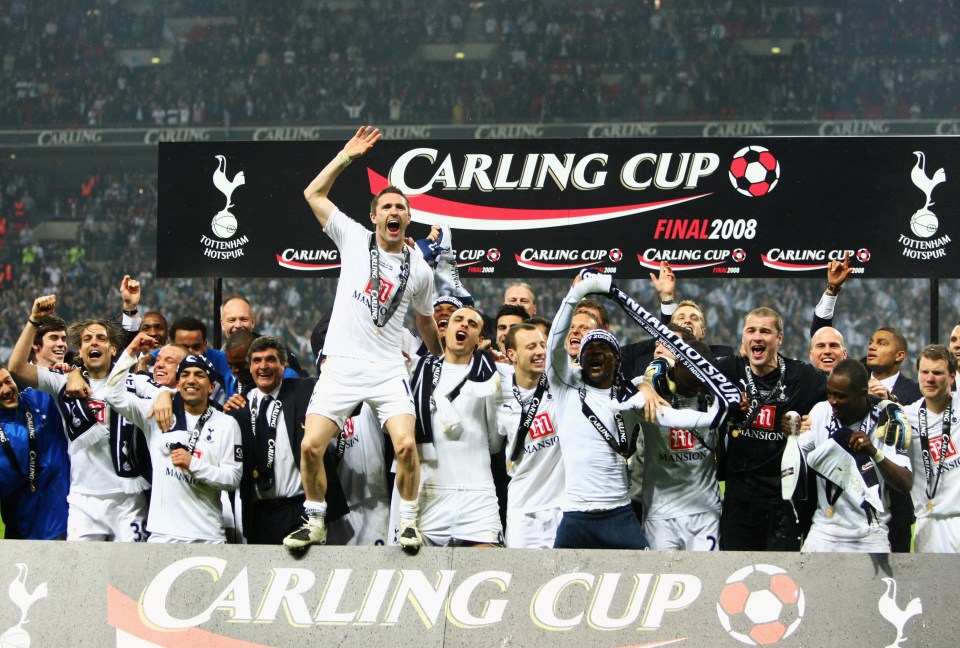 Robbie Keane of Tottenham Hotspur celebrating a Carling Cup victory.
