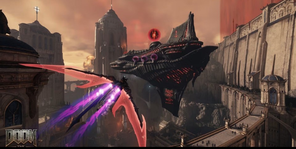 Doom Eternal gameplay screenshot showing a demonic ship over a city.