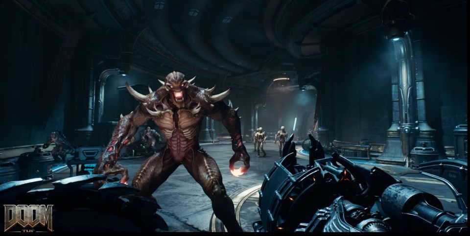 Screenshot of Doom Eternal gameplay showing a large demonic enemy.