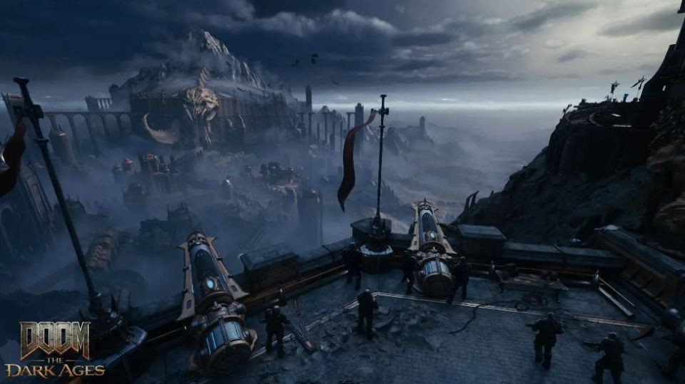 Doom: The Dark Ages game scene showing a fortress overlooking a misty valley.