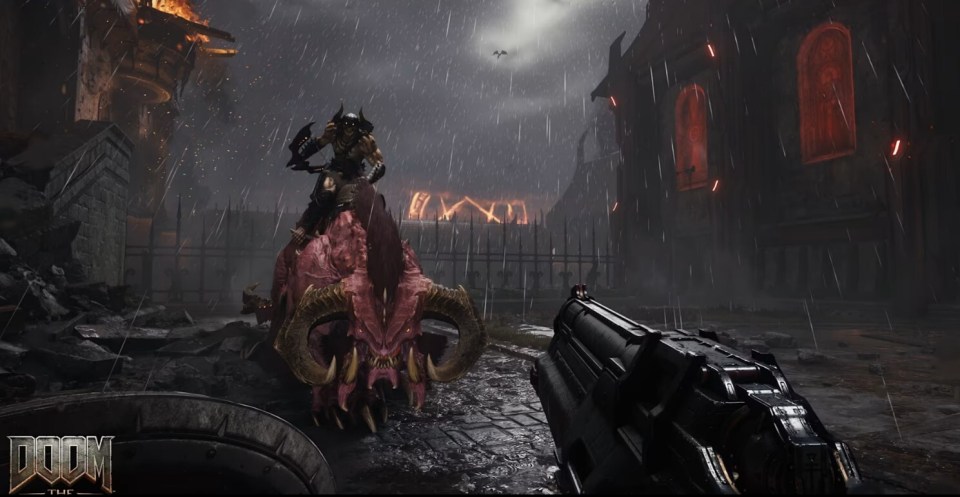 Gameplay screenshot of Doom Eternal showing a demon riding a large, horned beast.