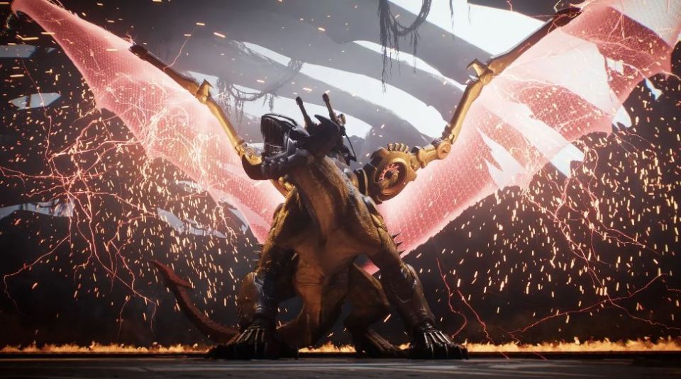 Mechanical dragon with glowing wings.