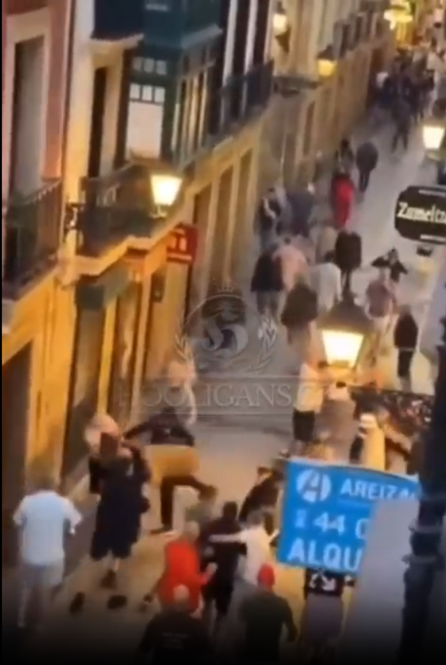 Manchester United fans celebrating in Bilbao before the UEFA Europa League final.