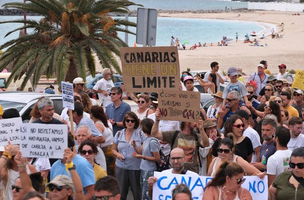 A large crowd of protestors gathers near a beach in Fuerteventura