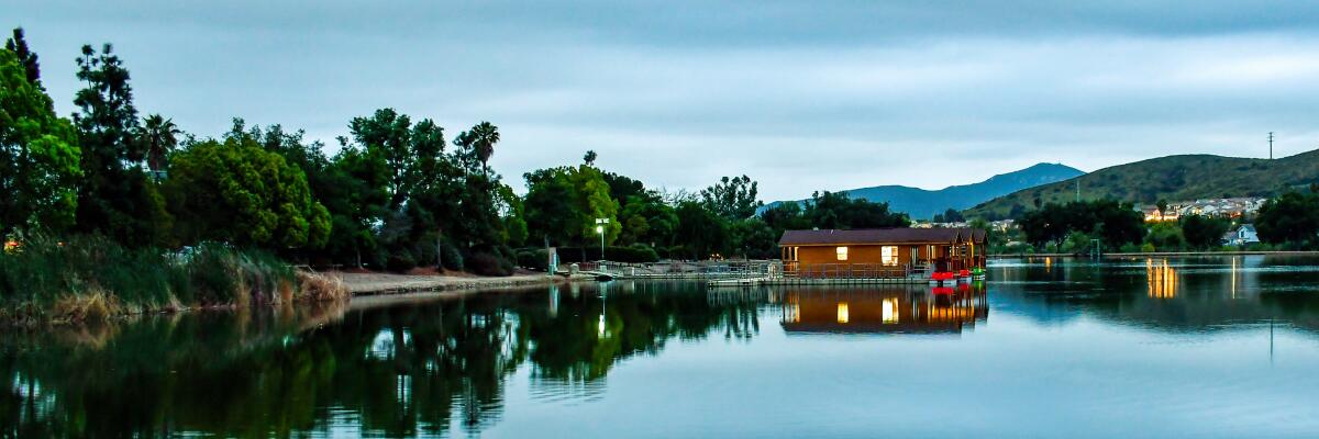 The Santee Lakes Recreation Preserve, which includes cabins, is two miles from San Diego's Mission Trails Regional Park.