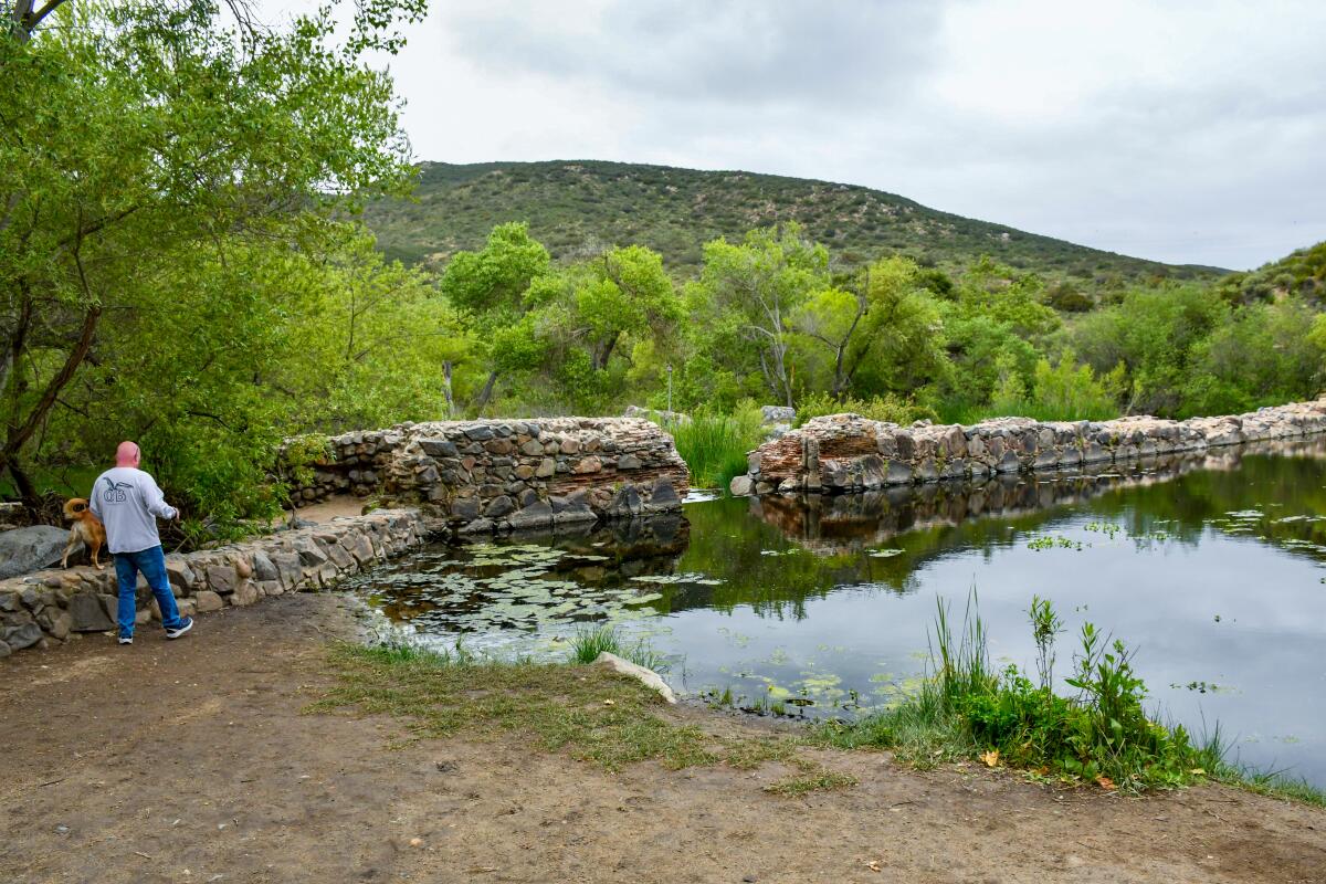 A dog-walker pauses at Old Mission Dam in Mission Trails Regional Park, San Diego.