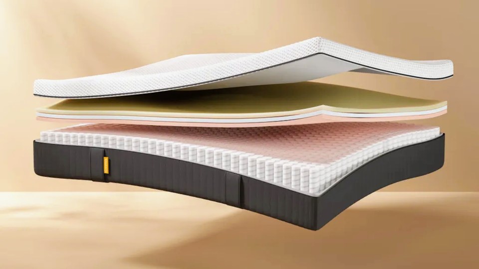 Illustration of a hybrid mattress with its layers separated to show the different components.