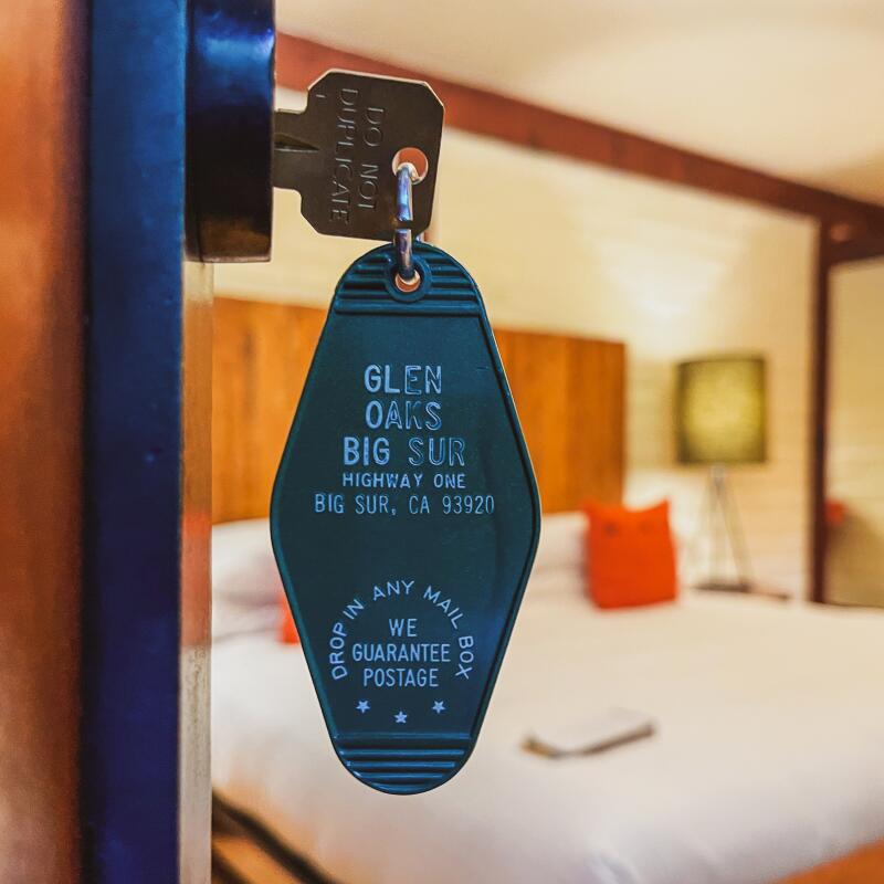 An old-school key at Glen Oaks Motor Lodge.