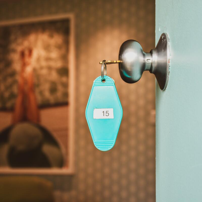 An old-school key from the Skylark Hotel.