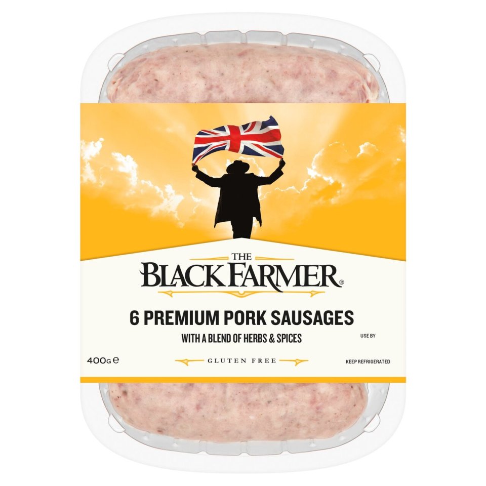 Package of six The Black Farmer premium pork sausages.