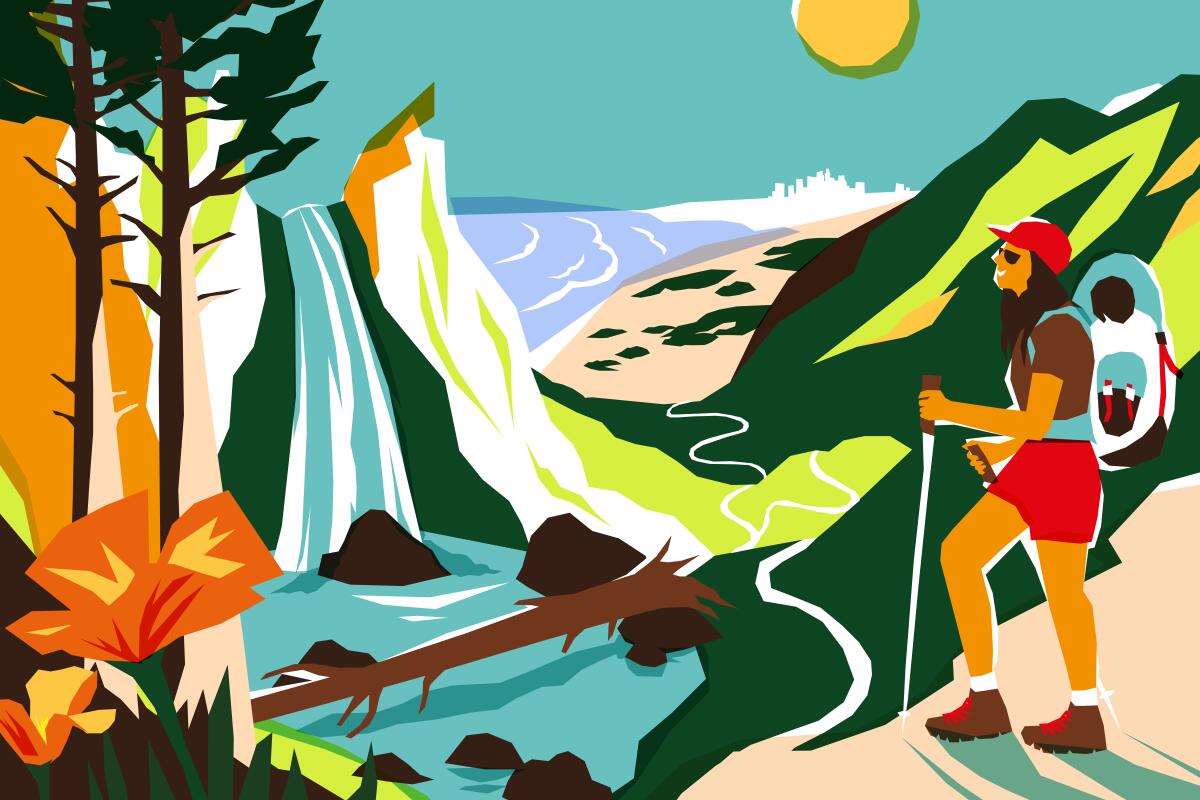 An illustration of a hiker enjoying the mountainous view.