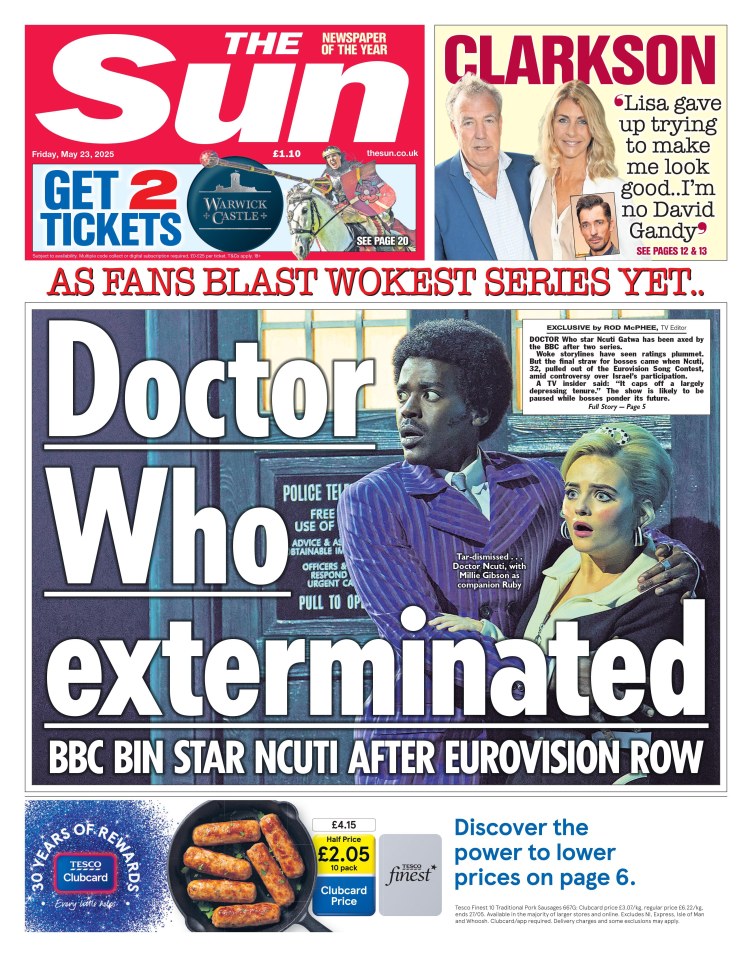 The Sun newspaper front page; headline: Doctor Who exterminated; BBC bin star Ncuti after Eurovision row.