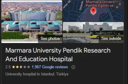 Collage of photos and map showing Marmara University Pendik Research and Education Hospital in Istanbul, Turkey.
