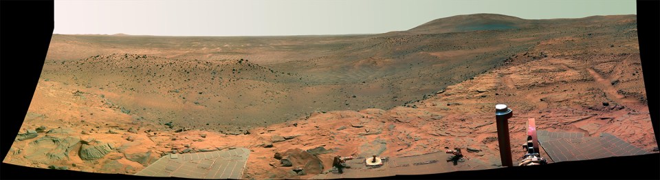 Panoramic view of the Martian surface from the Spirit rover.