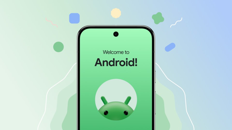 Illustration of a smartphone displaying a welcome message to Android.