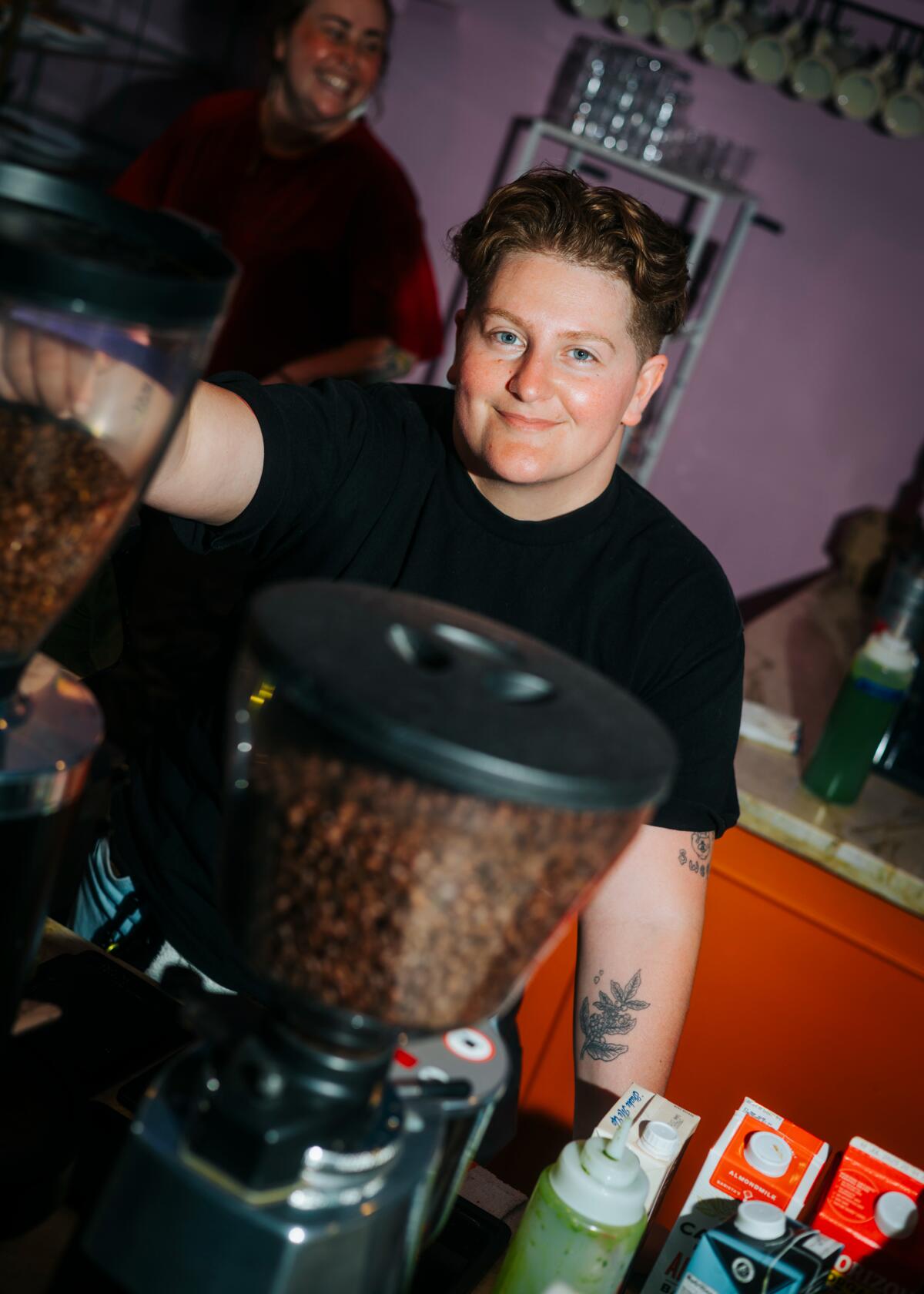 LOS ANGELES, CA -- MAY 18, 2025: Gefen Skolnick, owner of Couplet Coffee in Echo Park on Sunday, May 18, 2025.