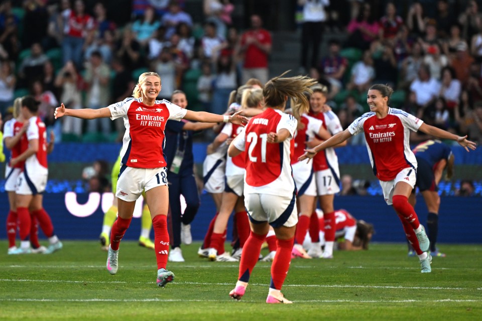 Arsenal women's soccer players celebrating a victory.