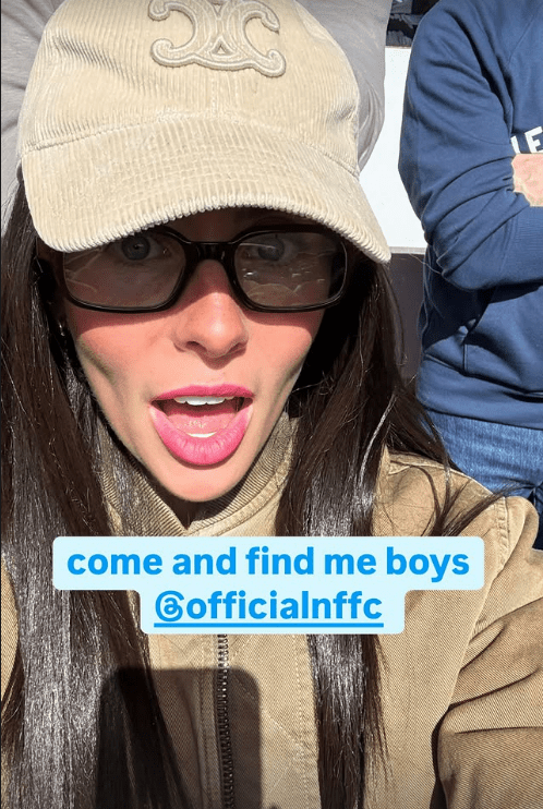 Woman wearing a beige hat and glasses, with text overlay: "come and find me boys @officialmffc"