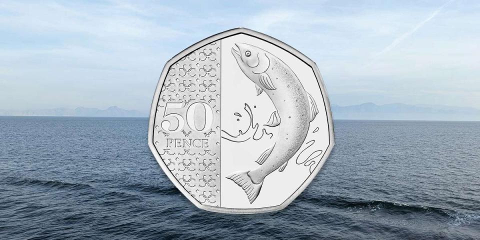 50 pence coin depicting a salmon, superimposed on an ocean scene.