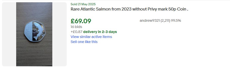 Photo of a rare 50p coin featuring an Atlantic salmon, sold for £69.09.