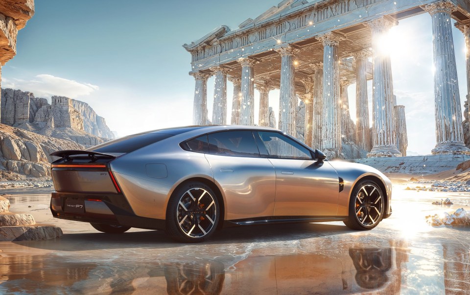 Illustration of the next generation XPENG P7 sports sedan parked in front of ancient ruins.