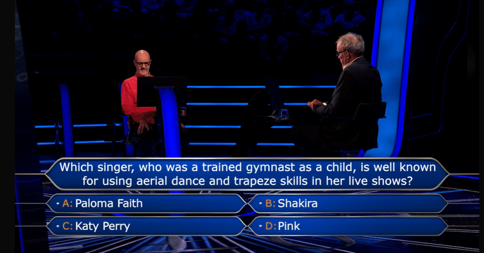 Who Wants To Be A Millionaire? contestant facing a question about a pop star's gymnastics background.