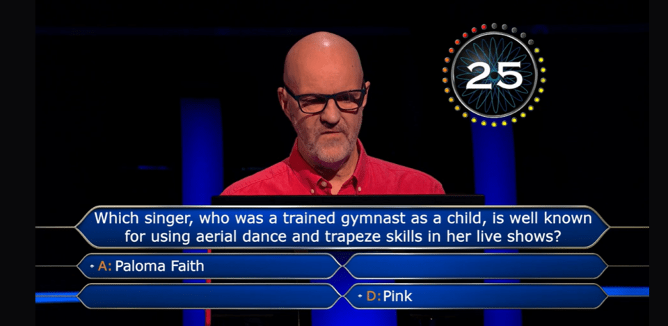 Who Wants to Be a Millionaire contestant answering a question about a pop star known for aerial dance.