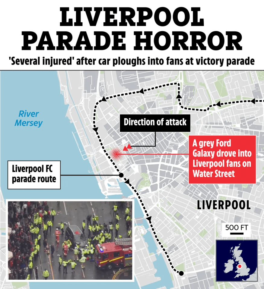 Map showing the route of a car that drove into Liverpool fans on Water Street during a victory parade, with inset photo of the incident.