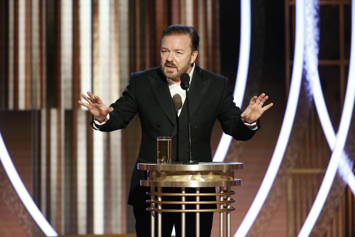 Ricky Gervais speaking at the 77th Golden Globe Awards