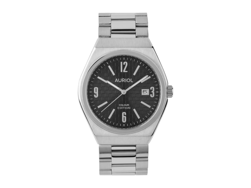 Auriol watch with black face and silver band.