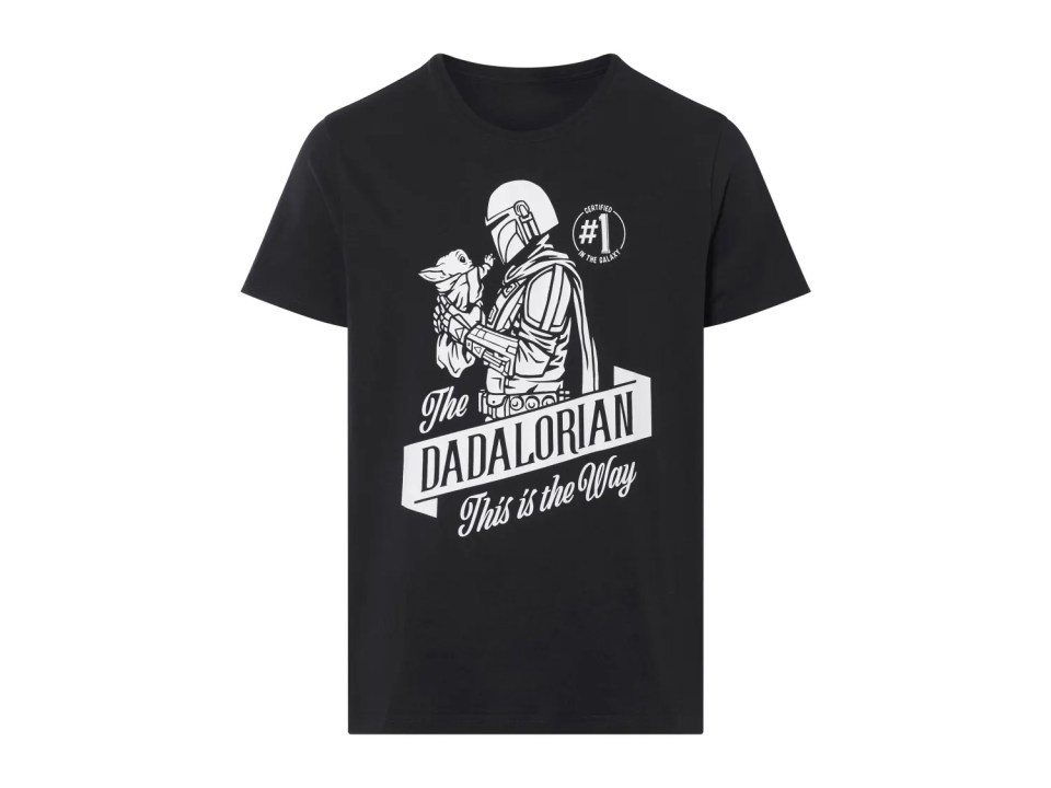 Illustration of a black t-shirt with a Mandalorian and Grogu design, text reading "The Dadalorian, This is the Way".