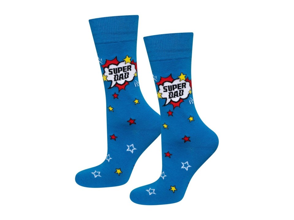 Pair of blue socks with "Super Dad" graphic.