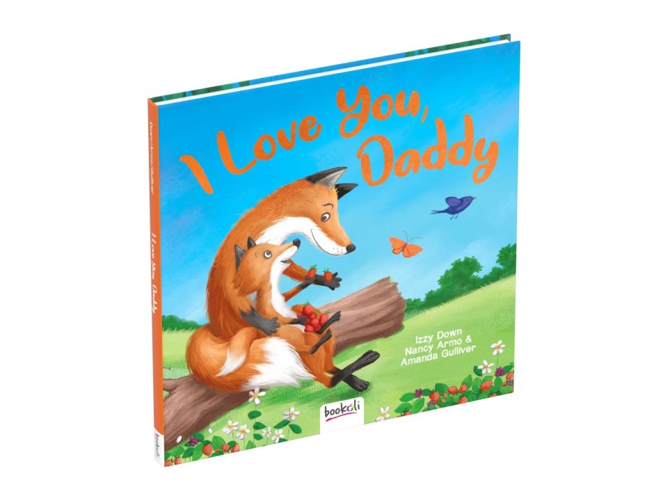 Illustration of a Father’s Day picture book, “I Love You, Daddy,” featuring two foxes sharing strawberries.