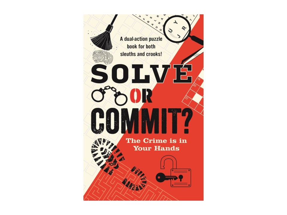 Illustration of a crime puzzle book cover, Solve or Commit?