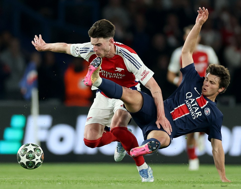 Declan Rice of Arsenal challenged by Joao Neves of Paris Saint-Germain during a soccer match.