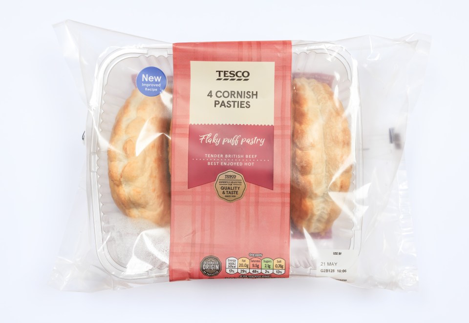 Package of four Tesco Cornish pasties.