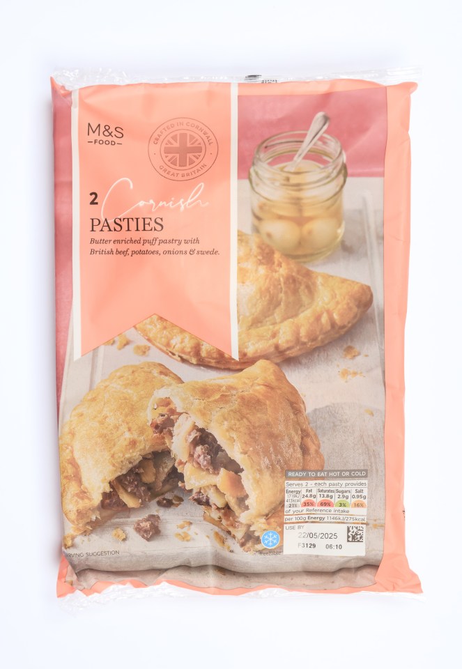 Package of two M&S Cornish pasties.