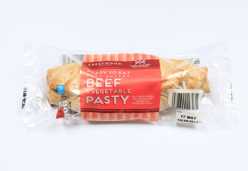 Beef and vegetable pasty in plastic packaging.