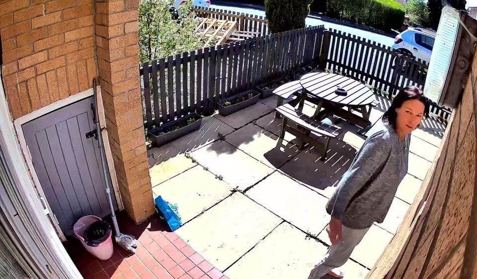CCTV footage of a woman confronting a postman in her garden.