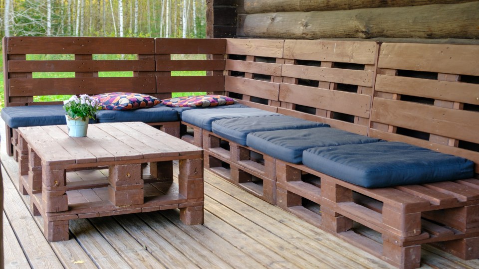 Outdoor furniture made from repurposed pallets.