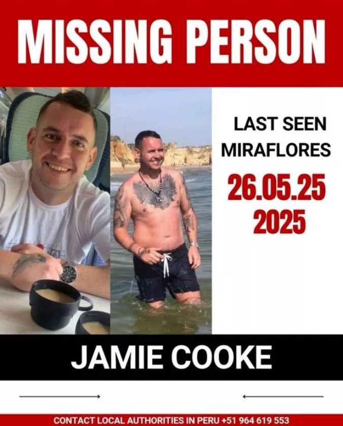 Missing person poster for Jamie Cooke, last seen in Miraflores.
